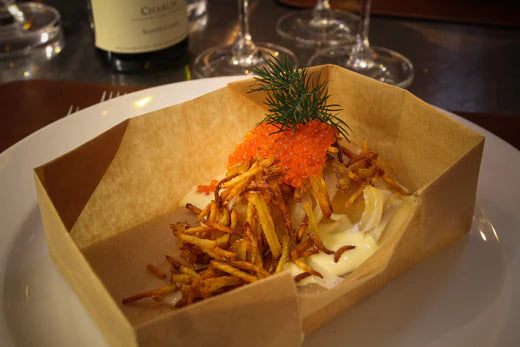 Lightly Smoked Skrei,  Skimmed Norwegian Butter Sauce, Fermented Fries, Confit Leek, Trout Roe, Pickled Fennel and Dill
